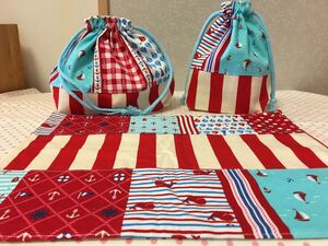 ●ハンドメイド●マリン*イカリ お弁当袋*コップ袋*ランチョンマット 赤*水色