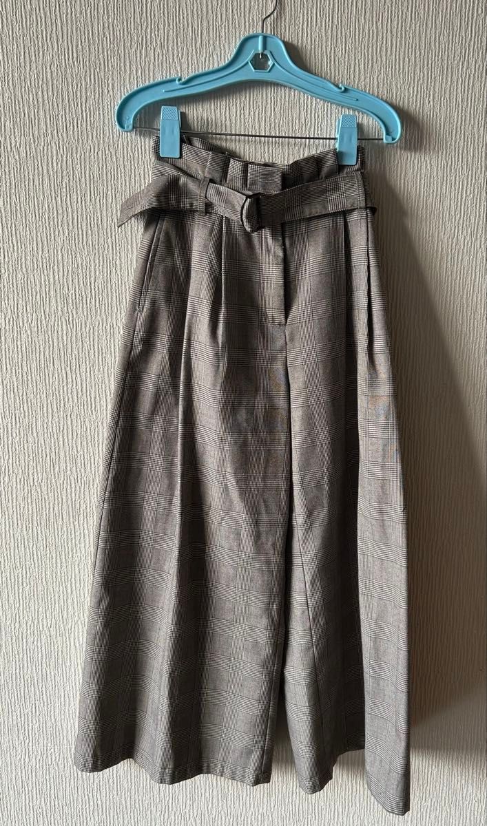 グレンチェック ワイドパンツ ガウチョパンツ ベルト付き レディース