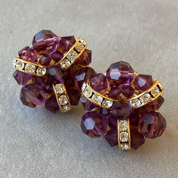 ヴィンテージ アンティーク イヤリング パープル ゴールド 紫 フラワー ビーズ 花 レトロ