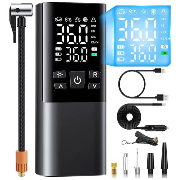 自転車 空気入れ 電動空気入れ バイク 車 仏/英/米式バルブ対応 最大圧力150PSI 高速充填 自動停止 6000mAh大容量