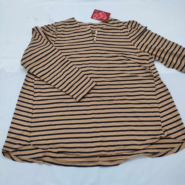 F476 A34【タグ付き未使用】 関西ファッション 長袖シャツ カットソー ブラウン系 ボーダー Tシャツ 古着 半袖Tシャツ