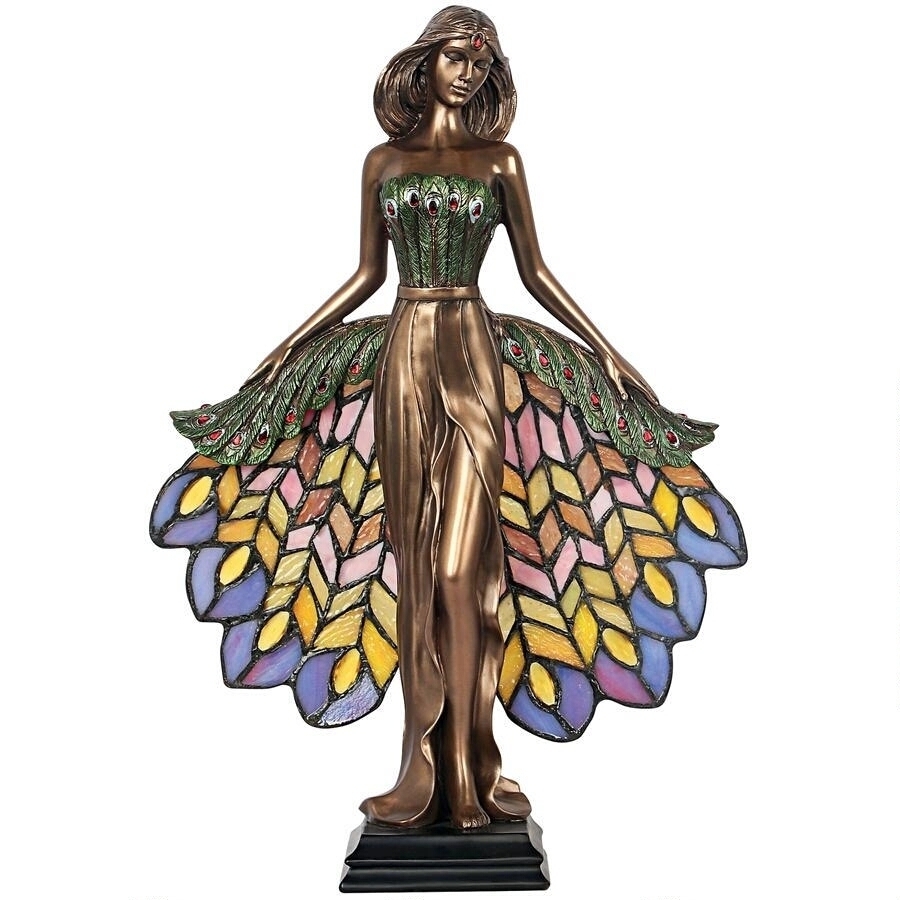 Estatua de pedestal de sacerdotisa de pavo real estilo Tiffany con iluminación de vidrieras (importada), artesanía, artesanías, Artesanías De Vidrio, Vitral