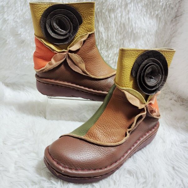 エスタシオン レザーサイドジップブーツ L 24〜24.5 花モチーフ 週末限定価格