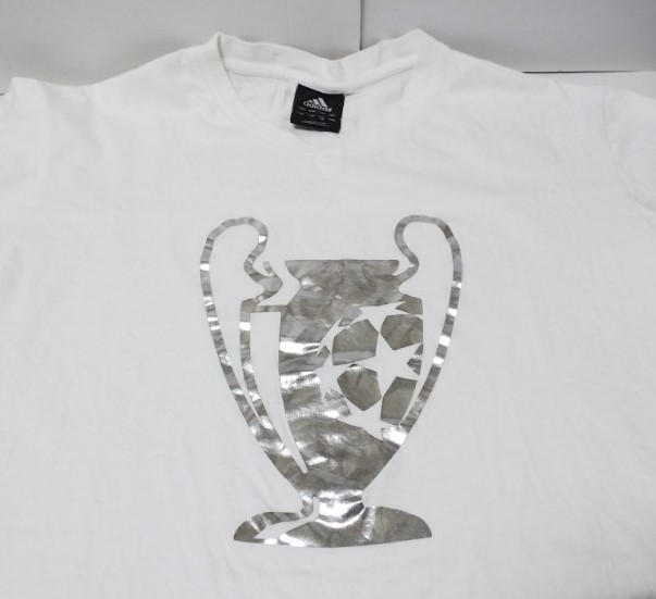 00s アディダス UEFAチャンピオンズリーグ 『ビッグイヤー』 Tシャツ Vネック 半袖 白 前後袖銀プリント XO・身幅約56cm※USED/2006年製品