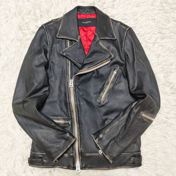 NANO UNIVERSE ナノユニバース ダブルライダース 羊革 ヴィンテージ加工 レザージャケット 裏地キルティング 黒 赤