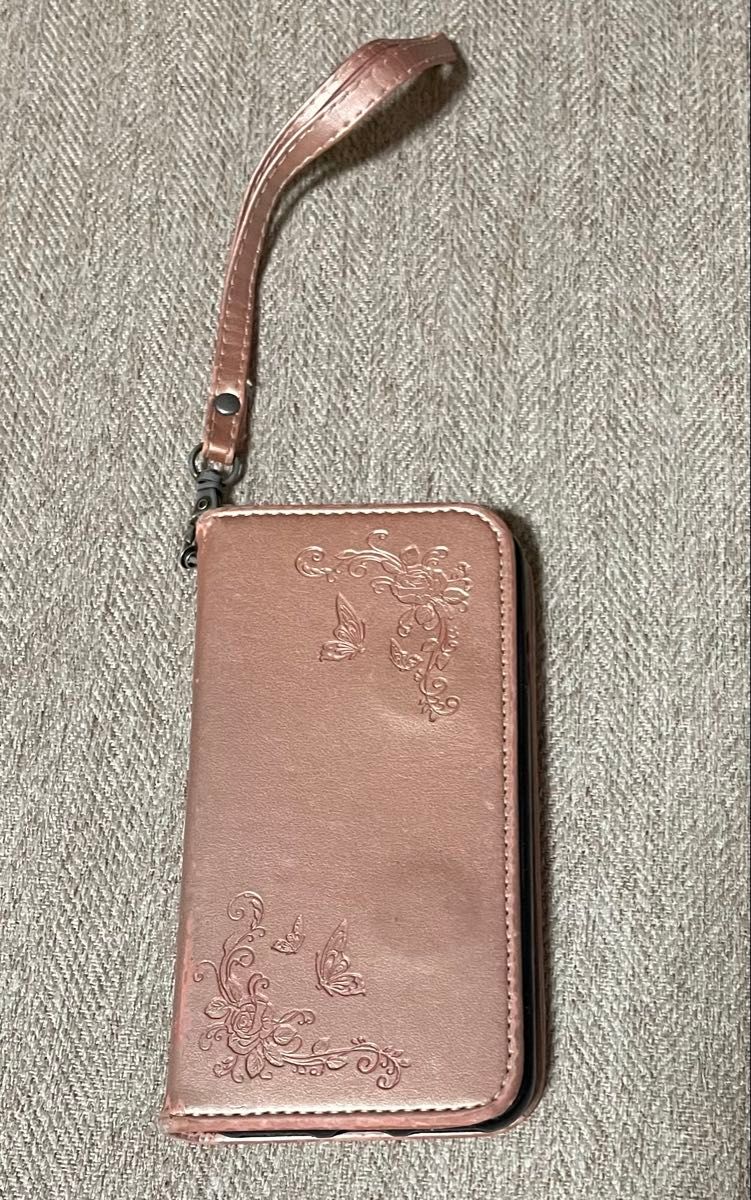 iPhone7用手帳型スマホケース　ピンク花柄　マグネット式　カードケース　ストラップ付き