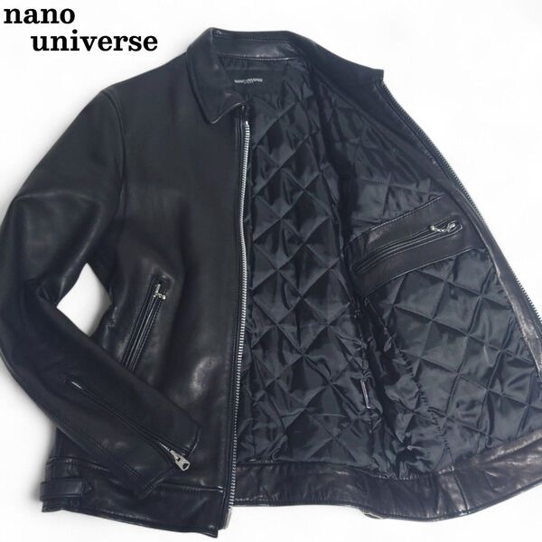 nano universe ナノユニバース 羊革 レザー ライダースジャケット M 中綿キルティング 黒 シングル ブラック