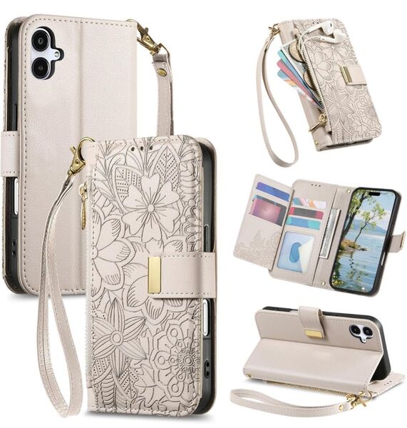 iPhone 17 ケース 手帳型 全面保護 花柄 上品 おしゃれ チャック付き 多機能 肩紐 ストラップ付き 便利