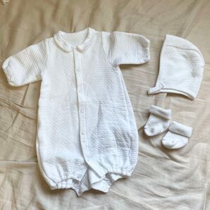 PUPO 新生児 セレモニードレス 退院着 お宮参り 出産プレゼント カバーオール 帽子 靴下 セット