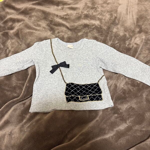 petit main 長袖Tシャツ ロンT グレー リボン バッグモチーフ キッズ ベビー 80〜90cm