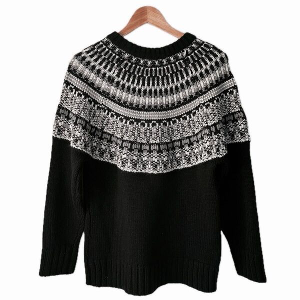 ノルディック柄ニットセーター 黒 白 クルーネック【最終値下げ】