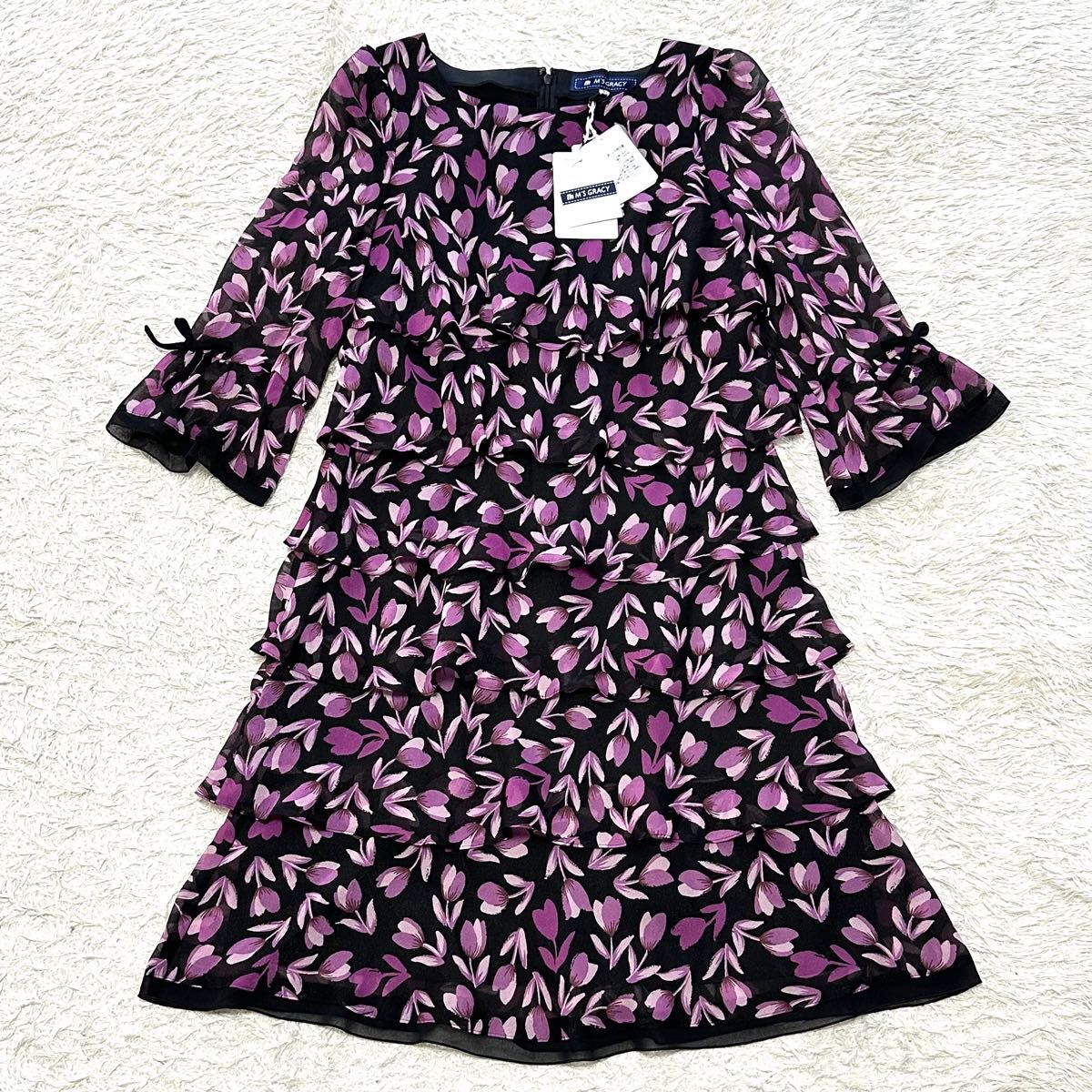 【新品未使用】M’S GRACY エムズグレイシー ワンピース 花柄 チューリップ フラワー 総柄 リボン フリル サイズ40 L