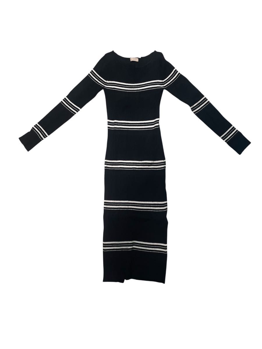※ボーダー063 美品　リゼクシー　リブニット長袖ワンピース　M ミディ丈　スリット　ボーダー　ブラック　 クルーネック