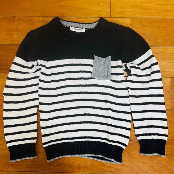 GLOBAL WORK ボーダーニット セーター キッズ ブラック ホワイト L 120-130cm 男の子 キッズ服