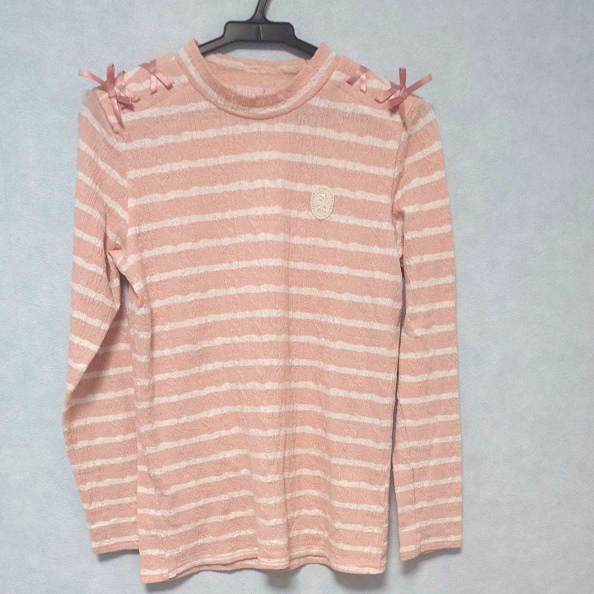 まとめ売り　CRT CUTIE 長袖Tシャツ ボーダー ピンク リボン 肩リボン　グレーロングカーディガン　２枚セット