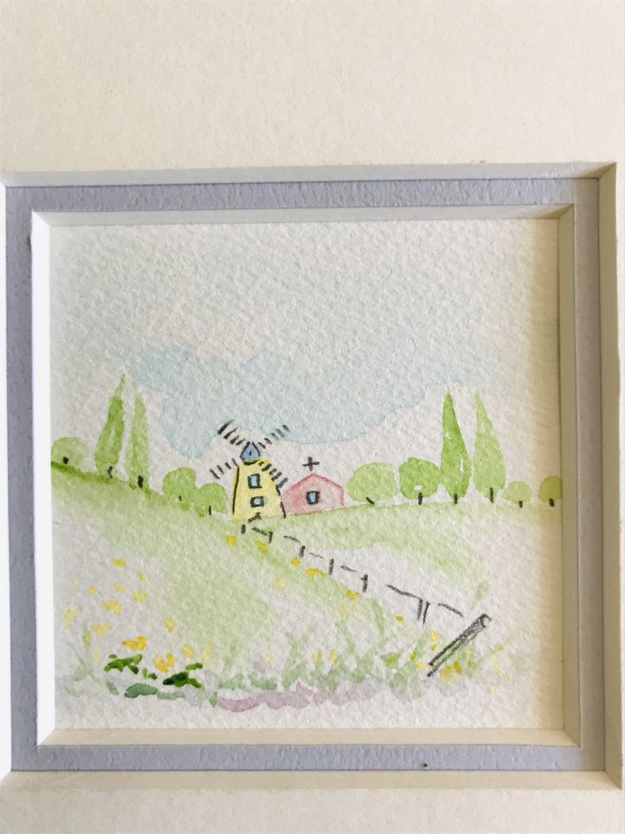 ★H1★ Komu Windmill in the Grassland watercolor painting with mat, painting, watercolor, Nature, Landscape painting