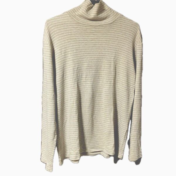 タートルネック 長袖 ボーダー Tシャツ カットソー グレー コットン 綿100%