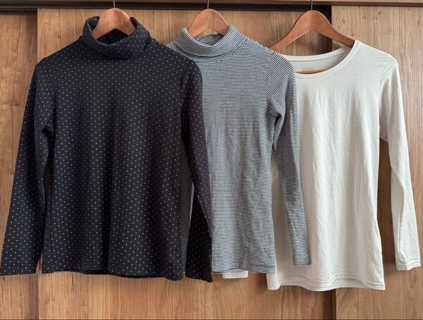 長袖カットソー 3枚セット タートルネック ボーダー ドット 無地 M
