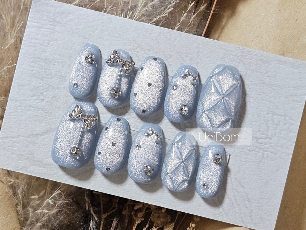 現品 ネイルチップ マグネット 韓国 ちゅるんネイル ワンホン フレンチガーリー キルティング リボン 冬ネイル 105