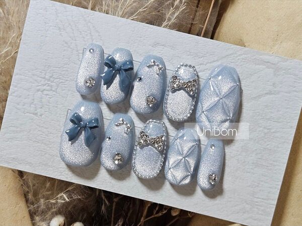 ネイルチップ マグネット ワンホン フレンチガーリー キルティング リボン 韓国 ハートホロ 冬ネイル 102