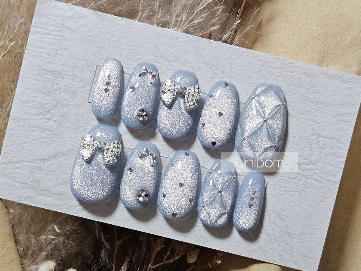 現品 ネイルチップ ワンホン フレンチガーリー キルティング リボン 韓国 冬ネイル 107