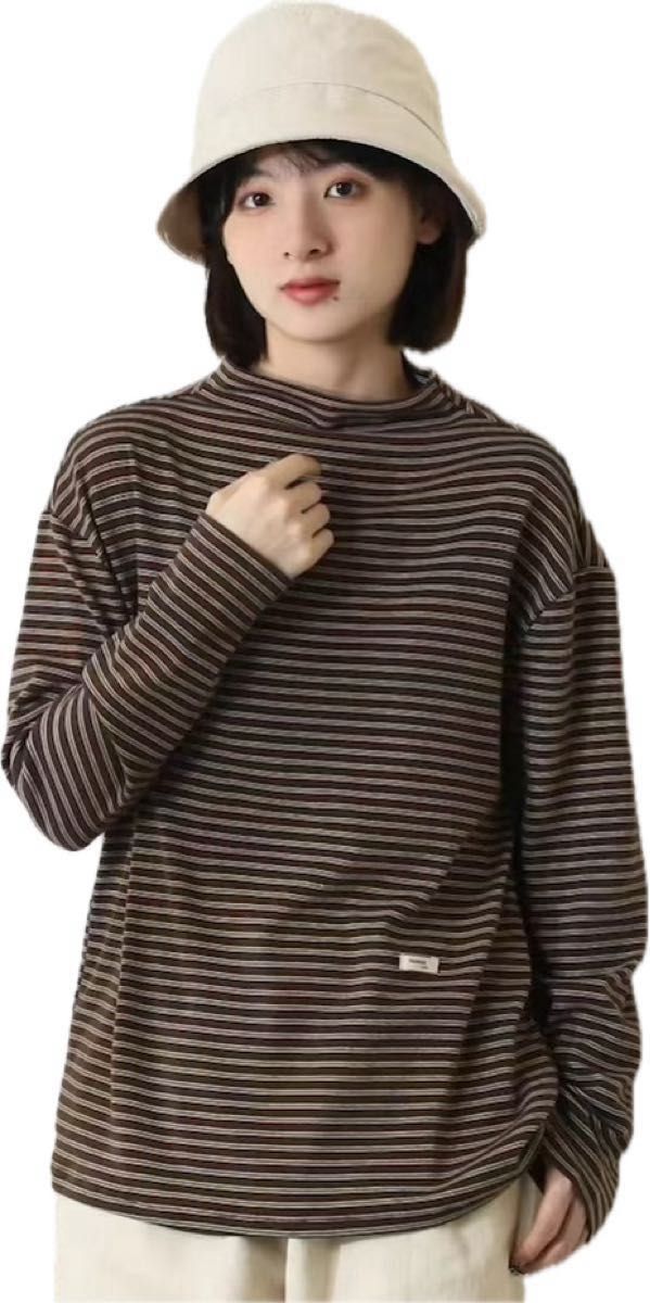 新品 ボーダーカットソー 長袖 Tシャツ ハイネック ブラウン カジュアル プレゼント