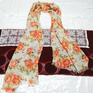 亜麻色オレンジ花柄大判ストール Flax orange floral large-format stole