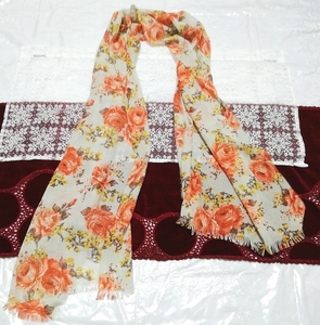 亜麻色オレンジ花柄大判ストール Flax orange floral large-format stole, ファッション小物, ストール, ストール一般