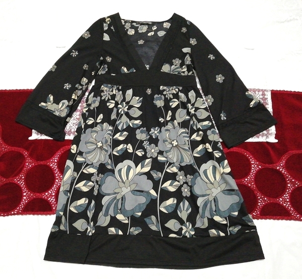 黒花柄Vネックネグリジェチュニックワンピース Black floral V-neck negligee tunic dress, チュニック, 長袖, Mサイズ