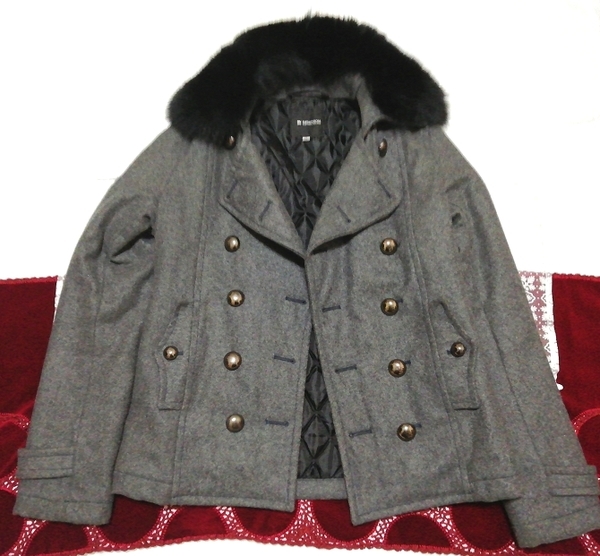 グレー黒フォックスファーピーコート外套 Gray black fox fur pea coat cloak, コート, コート一般, Mサイズ