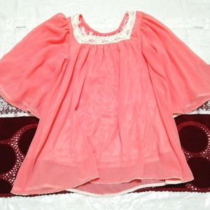サーモンピンクシフォンネグリジェチュニック Pink chiffon negligee tunic dress, チュニック, 半袖, Mサイズ