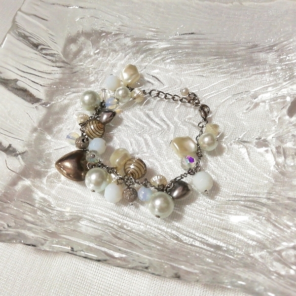 ホワイト水色亜麻色丸型バングルブレスレット/アクセサリー宝飾 White light blue flax round bangle bracelet / accessory