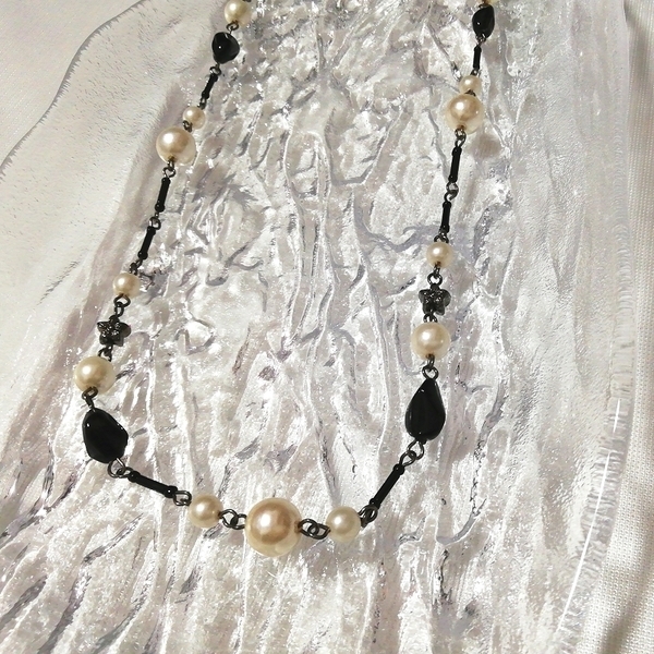 黒パールホワイト珠型ビーズネックレス首飾りペンダントチョーカージュエリー宝飾 Black pearl white pearl bead necklace pendant choker