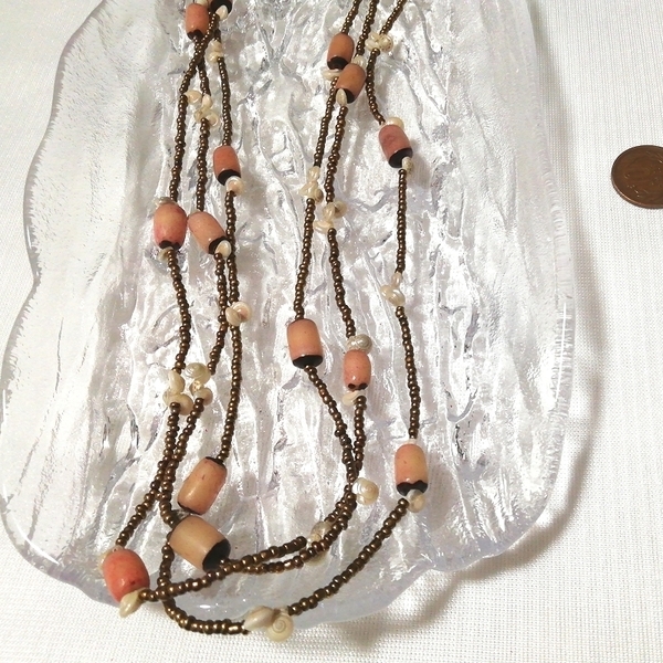 ピンク茶ビーズ3段ネックレス首飾りペンダントチョーカー/ジュエリー宝飾インテリア Pink brown beads 3-tier necklace pendant choker