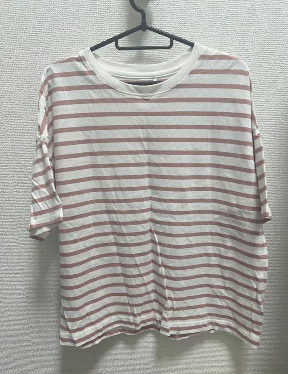 214 ハートマーケットボーダーTシャツピンク ホワイト フリーコットン