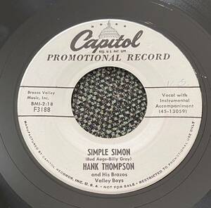 Hank Thompson And His Brazos Valley Boys US Promo 7inch Simple Simon / Most Of All