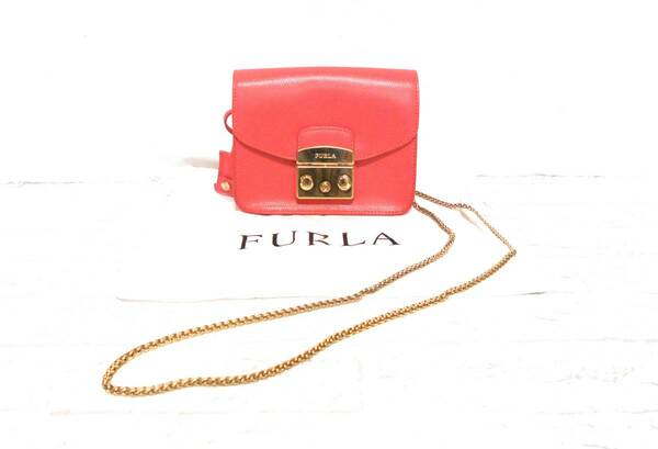 〔美品 送料無料〕 FURLA フルラ ピンク メトロポリス ゴールド チェーン ショルダー バッグ ( イタリア製 ミニ ポシェット ナナメがけ 鞄