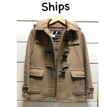 【送料込み】　Ships 中　チェック　フード　付き　ダッフルコート　ベージュ　S ウール　牛革　シップス　学生　通学_画像1