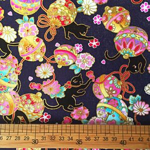 生地 ハギレ 和柄 黒猫手毬 ねこ 50cm 金糸プリント