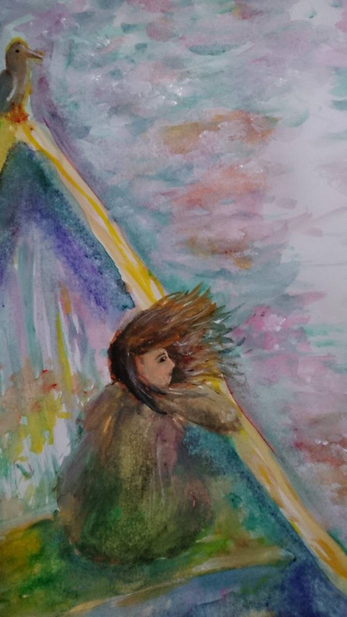 B5 사이즈 원본 손으로 그린 작품 일러스트 보트에서 호수를 바라보는 소녀, 만화, 애니메이션 상품, 손으로 그린 그림