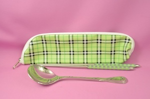 [ new goods unused goods ] sack attaching spoon & chopsticks set ( check pattern light green )