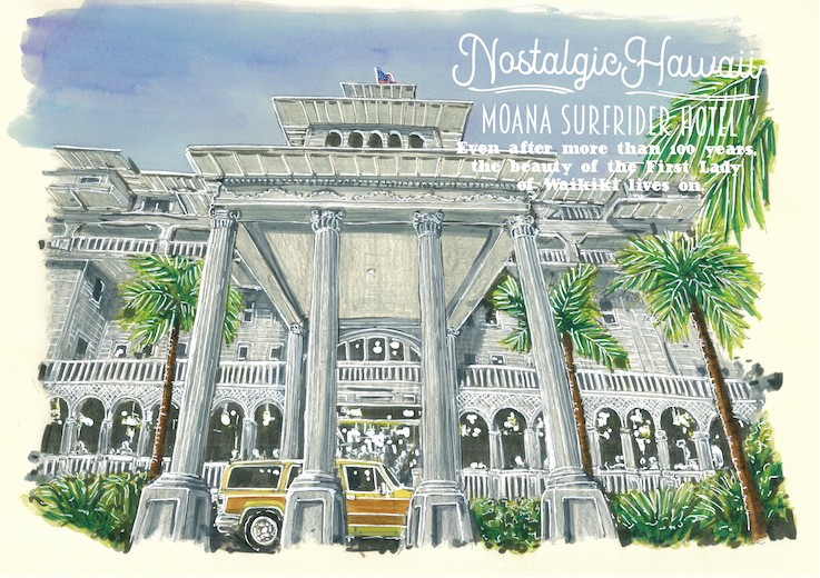ノスタルジックなハワイ, オアフ島ワイキキのクラシックホテルを描きベニヤ板に印刷した作品:(8B)モアナサーフライダーホテル:B4サイズ, ハンドメイド作品, インテリア, 雑貨, その他