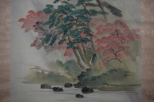 Art hand Auction [Auténtico] Kono Umeyama / Hojas de otoño bajo la lluvia en Arashiyama / Hojas de otoño en el valle de otoño / Pergamino colgante ☆ Barco del tesoro ☆ X-49 JM, Cuadro, pintura japonesa, Paisaje, viento y luna