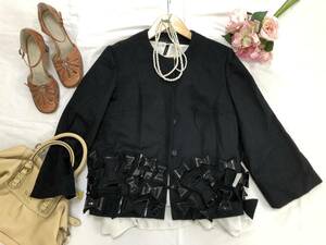 エモモナキア et momonakia ノーカラージャケット 38 M ブラック ショート コート リボン 入学式 卒業式 結婚式 スーツ セレモニー　