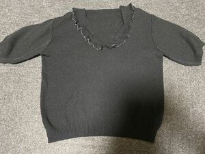 半袖フリル襟トップス カットソー Tシャツ チュニック プルオーバー 黒 ブラック サマーニットセーター ブラウス ML フリーサイズ