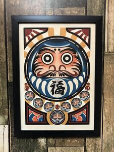 Art hand Auction Buena Suerte Amuleto de la Suerte Buena Suerte Daruma Azul Caerse y Levantarse Amuleto Marco Negro Marco de Arte Daruma Bendición Tamaño A4, trabajos hechos a mano, interior, bienes varios, ornamento, objeto