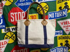 ★希少なレザーハンドル★Made in USA製アメリカ製L.L.BEANエルエルビーンビンテージボートアンドトートBOAT AND TOTE80s80年代生成り×紺