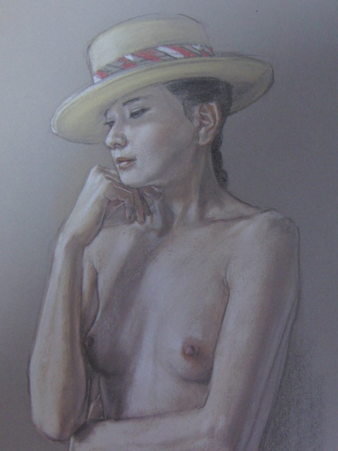 高塚省吾、【椅子に座る帽子の裸婦】、希少画集画、状態良好、美人画