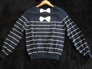 Couture brooch/kchu-ru brooch ^ navy blue × white border back ribbon knitted 38/ navy white world long sleeve tops ^114①