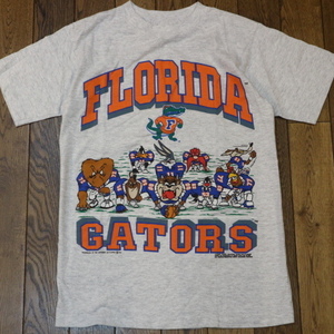 90s USA製 Looney Tunes × GATORS FLORIDA Tシャツ M グレー NFL ゲーターズ ルーニーテューンズ キャラクター イラスト ヴィンテージ